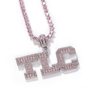Pink zircon TLC letter pendant necklace with pink tennis chain in hip-hop style