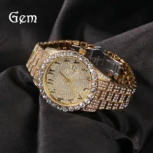 Luxury Iced Out Rhinestone Quartz Watch Unisex Arab Numeral Dial Date Fashion Gold Silver Stainless Steel Wristwatch