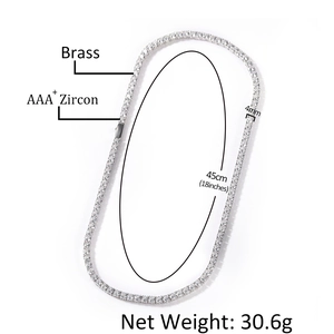 4mm silver tennis chain with AAA+ zircon in brass, 45cm single row hip hop necklace