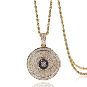 Collana con Ciondolo Medaglione Foto Occhio del Male Rotondo Hip Hop Rame Zirconia Catena a Corda Gioielli Commemorativi