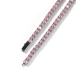 Detailed close-up of 4mm silver-plated tennis chain with pink round-cut zircons and secure clasp