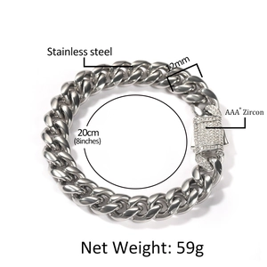 Herren 12mm Edelstahl-Panzerarmband mit Zirkonia-Federverschluss in Silber