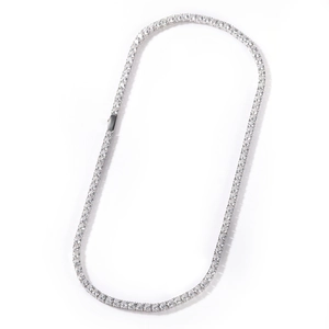 Detail view of silver tennis necklace featuring 4mm round-cut stones and secure box clasp