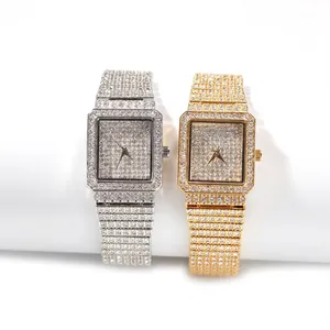 Montre à Quartz pour Femme avec Cadran Carré Entièrement Incrusté de Strass Iced Out Luxueuse Montre en Alliage Électroplaqué Verre Minéral