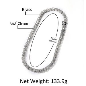 Silberne 10mm breite Hip-Hop Tennis-Halskette mit AAA+ Zirkonia und Federverschluss
