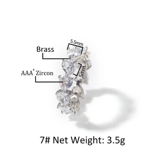 Iced out hip hop ring for men featuring silver heart-shaped AAA+ zircons on brass