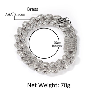 Bracelet cubain hip hop de 15mm pour homme en laiton argenté serti de zircons AAA+