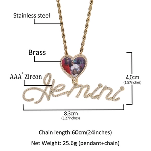 Golden heart locket necklace with Gemini zircon pendant and stainless steel chain
