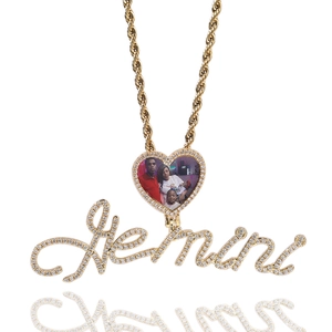 Custom gold heart locket necklace with Gemini charm and zircon stones on rope chain