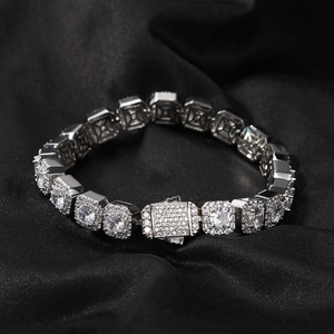Bracelet hip-hop de 10 mm avec fleurs en cuivre, placage argent et zircones cubiques