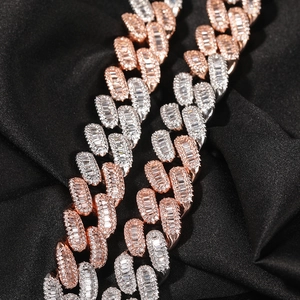 Chaîne cubaine 15mm tricolore sertie de zircons ronds et baguette pour hommes hip hop
