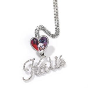 Custom silver Cuban link necklace with iced out heart photo locket and Kalis name pendant