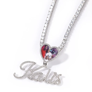 Custom heart photo locket with Kalis script name pendant on a sparkling tennis chain
