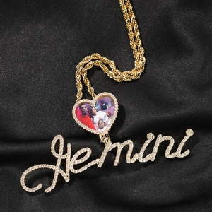 Golden heart locket pendant with Gemini nameplate and rope chain for custom photos