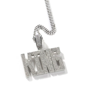 Collier hip-hop avec pendentif lettres KING en zircons et chaîne à mailles cubaines argent