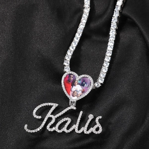 Custom silver heart locket necklace with tennis chain and Kalis name tag detail