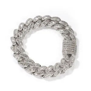 Bracelet à Maillons Cubains en Zircone Carrée Baguette Iced Out Hip Hop Punk en Cuivre Bijoux Homme Femme Or Argent