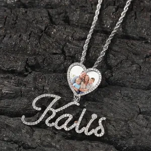 Hip Hop Copper Zirconia Personalized Name Necklace With Heart Photo Frame Pendant Stainless Steel Rope Chain Jewelry For Women Men