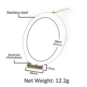Custom gold stainless steel nameplate necklace with Austrian rhinestones on a 50cm chain