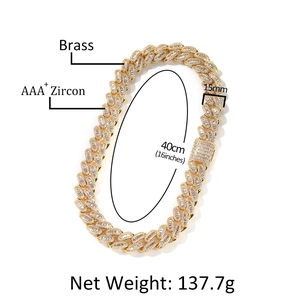 15mm goldene Gliederkette aus Messing mit AAA+ Zirkonia Steinen für Herren 40cm lang