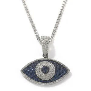 Collier Pendentif Mauvais Œil Hip Hop en Cuivre Incrusté de Zircone Bleu et Blanc Chaîne Corde en Acier Inoxydable Bijoux Unisexes