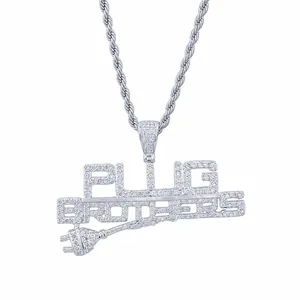 Collar con Colgante Alphabet Plug Brothers Hip Hop Iced Out Cobre Circonita Bañado en Oro 14K Cadena de Cuerda de Acero