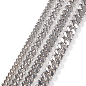 Polished silver stainless steel Cuban link chains in four various widths for men