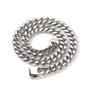 Detail of 12mm polished silver Cuban link chain with a secure box clasp closure