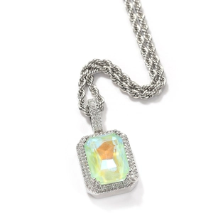 Hiphop zilveren touwketting met een fluorescerende vierkante edelsteen hanger voor unisex