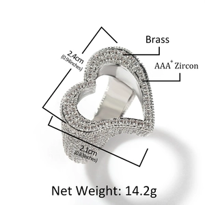 Bague cœur évidée luxueuse en laiton avec zircons AAA+ et détails de mesures