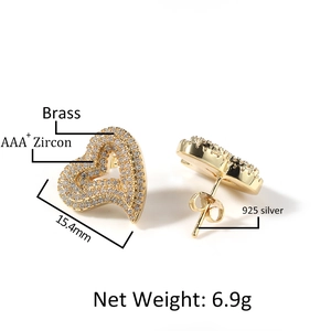 Vintage style hollow heart stud earrings in gold brass with AAA+ cubic zirconia stones