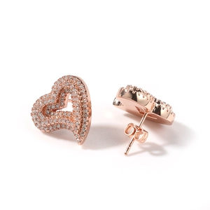 Rose gold hollow heart stud earrings with sparkling cubic zirconia on white background