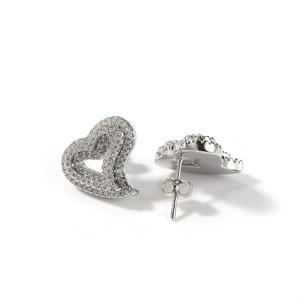 Detail showing hollow heart studs with cubic zirconia and polished silver finish
