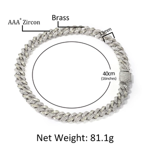 Luminous 13mm silver hip-hop Cuban link chain necklace with AAA+ cubic zirconia in brass