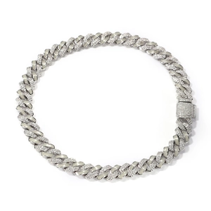 Close-up of 13mm silver Cuban chain featuring pave zircon links and enamel details