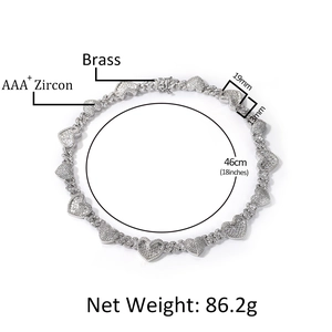 Collier cœur cubain en laiton argenté avec zircon AAA, bijou de luxe de 46 cm de long