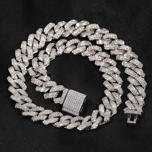 Luminous 13mm silver Cuban link chain with white enamel and pavé zircon for men