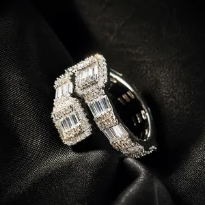 Bague Hip Hop Géométrique Double Couche Pour Hommes Femmes Plaqué Or 18K Cuivre Zircone Baguette Bague Statement