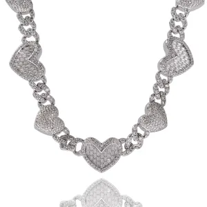 Collier Maille Cubaine Cœur en Cuivre Avec Zircon Baguette Bijoux Hip Hop Streetwear Accessoire Bling Pour Hommes Et Femmes