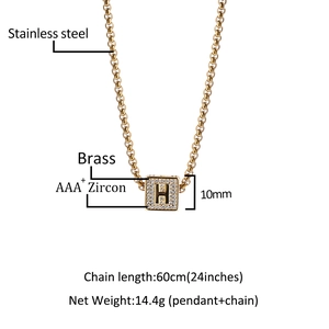 Collier en acier inoxydable plaqué or avec pendentif carré lettre H et zircons AAA+