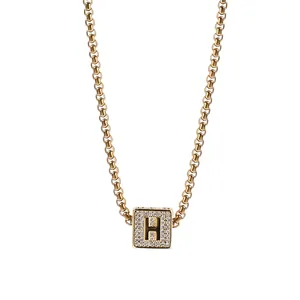 Collier Pendentif Lettre Initiale Hip Hop Laiton Plaqué Or Argent AAA Zircone Bloc Carré Chaîne Cubaine Bijoux Hommes Femmes