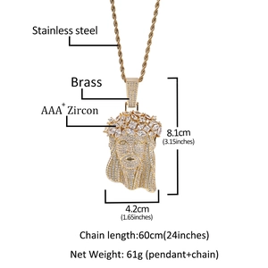 Hip hop Jesus pendant in gold plated brass with AAA+ zircons and 60cm twist chain