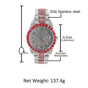 Montre à quartz en acier 316L avec lunette en strass rouges et bracelet à cristaux