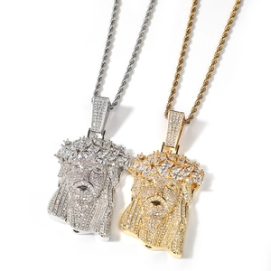 Iced out gold and silver Jesus head pendant necklaces with classic rope chains for hip-hop style