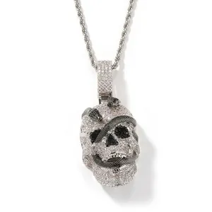 Hip Hop Copper Zirconia Snake Skeleton Pendant Necklace For Men Retro Street Punk Style Stainless Steel Twist Chain Jewelry