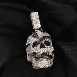 Hip-hop skull pendant with coiled snake and sparkling white zircon pavé setting