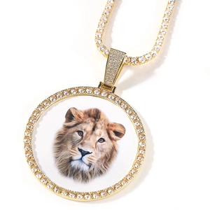 Detailopname van hip-hop leeuwenkop ketting met gouden afwerking en heldere zirkonen