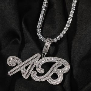 Collier tennis hip hop argenté avec pendentif lettre AB serti de zircons pour homme et femme