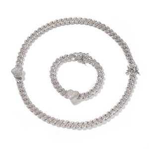 Iced out silver cuban link chain jewelry set with heart pendant and zirconia