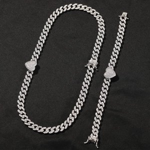 Hip hop style silver Cuban chain jewelry set with heart pendant and sparkling zircons